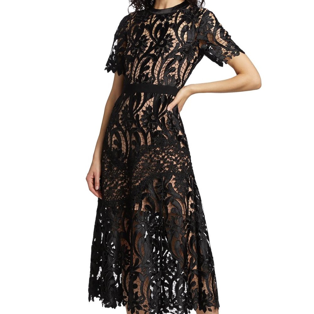 Self-Portrait Black Prairie Guipure Lace Midi-Dress Size 10 NWT